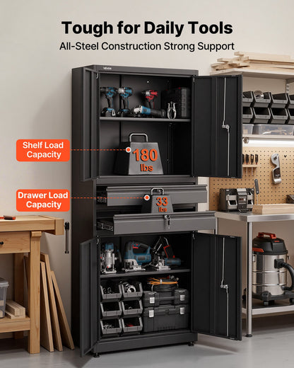 VEVOR Metal Storage Cabinet, 180 lbs Shelf Load Capacity, 70.87" Tall Garage Tool Storage Cabinet with 4 Locking Doors and Adjustable Shelves, 2 Drawers, for Garage, Home, Office, Utility Room, Black - CKCWJGJDCTYB9AK4X001V0 - view 5