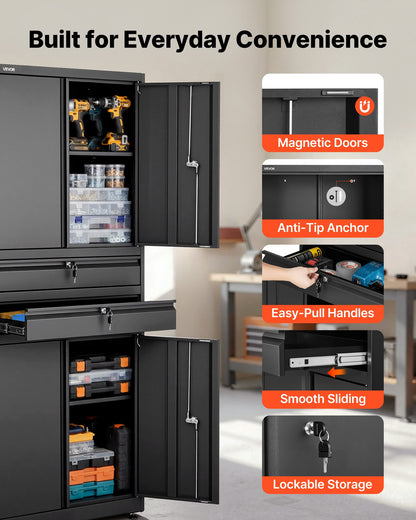 VEVOR Metal Storage Cabinet, 180 lbs Shelf Load Capacity, 70.87" Tall Garage Tool Storage Cabinet with 4 Locking Doors and Adjustable Shelves, 2 Drawers, for Garage, Home, Office, Utility Room, Black - CKCWJGJDCTYB9AK4X001V0 - view 6