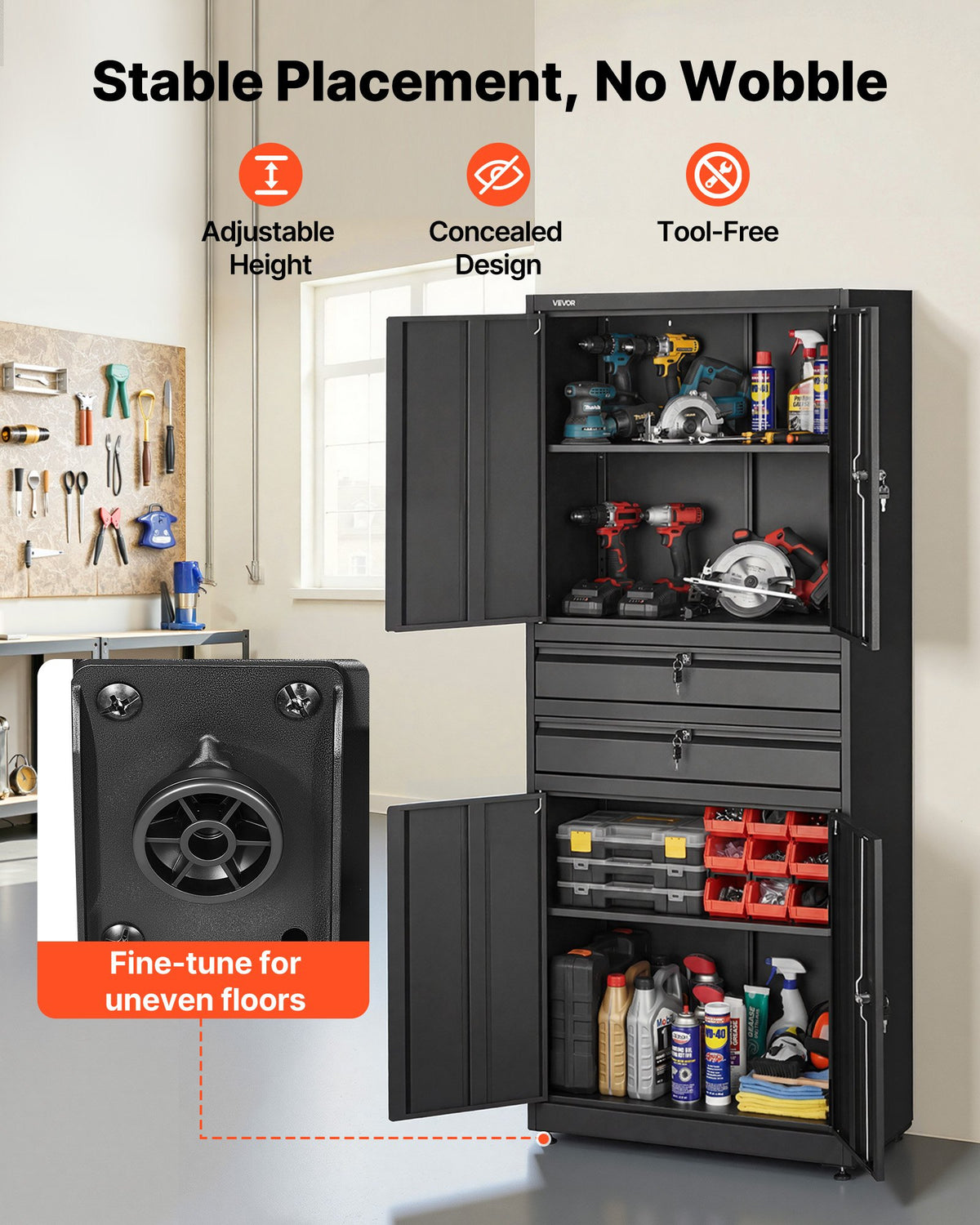 VEVOR Metal Storage Cabinet, 180 lbs Shelf Load Capacity, 70.87" Tall Garage Tool Storage Cabinet with 4 Locking Doors and Adjustable Shelves, 2 Drawers, for Garage, Home, Office, Utility Room, Black - CKCWJGJDCTYB9AK4X001V0 - view 7
