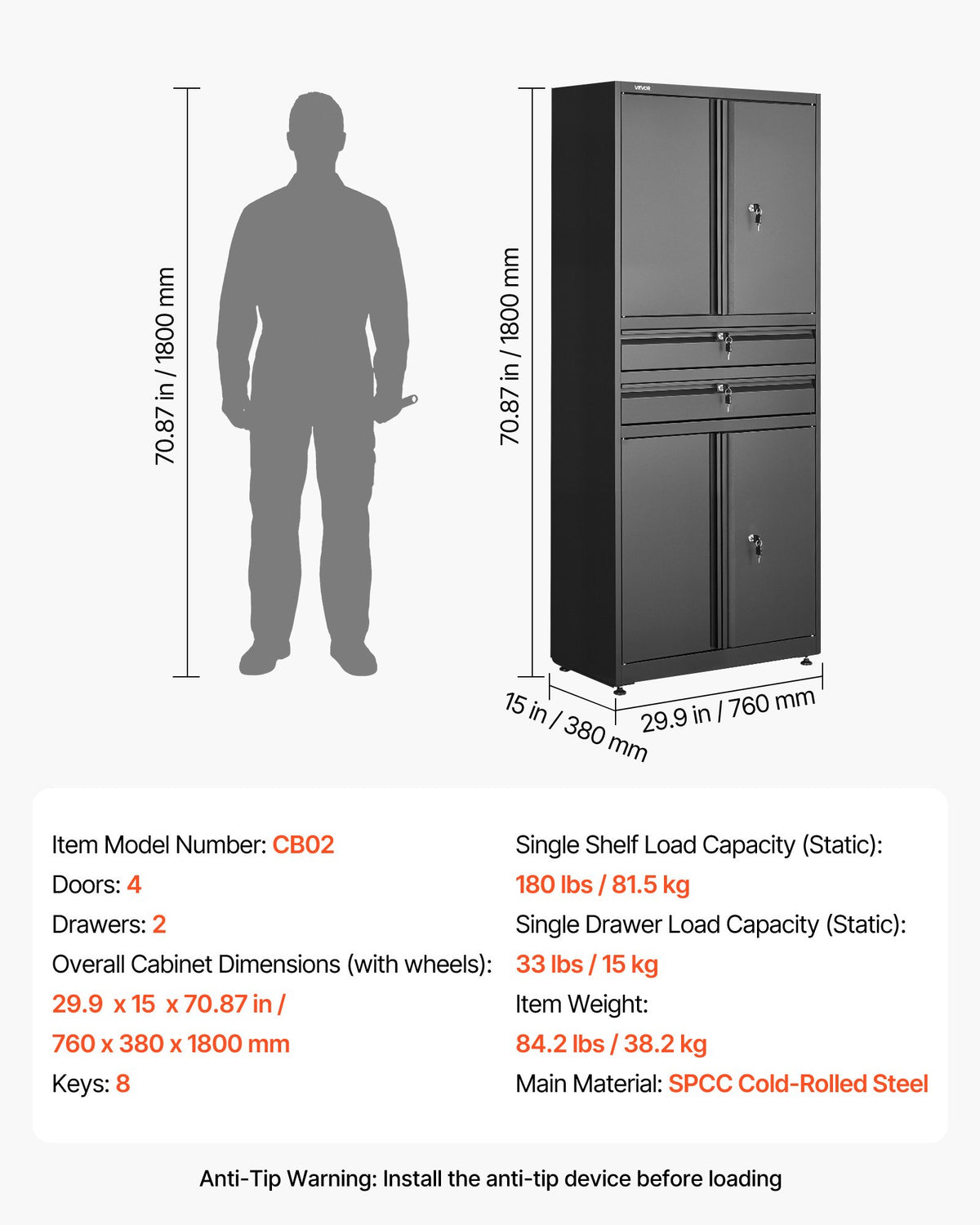 VEVOR Metal Storage Cabinet, 180 lbs Shelf Load Capacity, 70.87" Tall Garage Tool Storage Cabinet with 4 Locking Doors and Adjustable Shelves, 2 Drawers, for Garage, Home, Office, Utility Room, Black - CKCWJGJDCTYB9AK4X001V0 - view 8