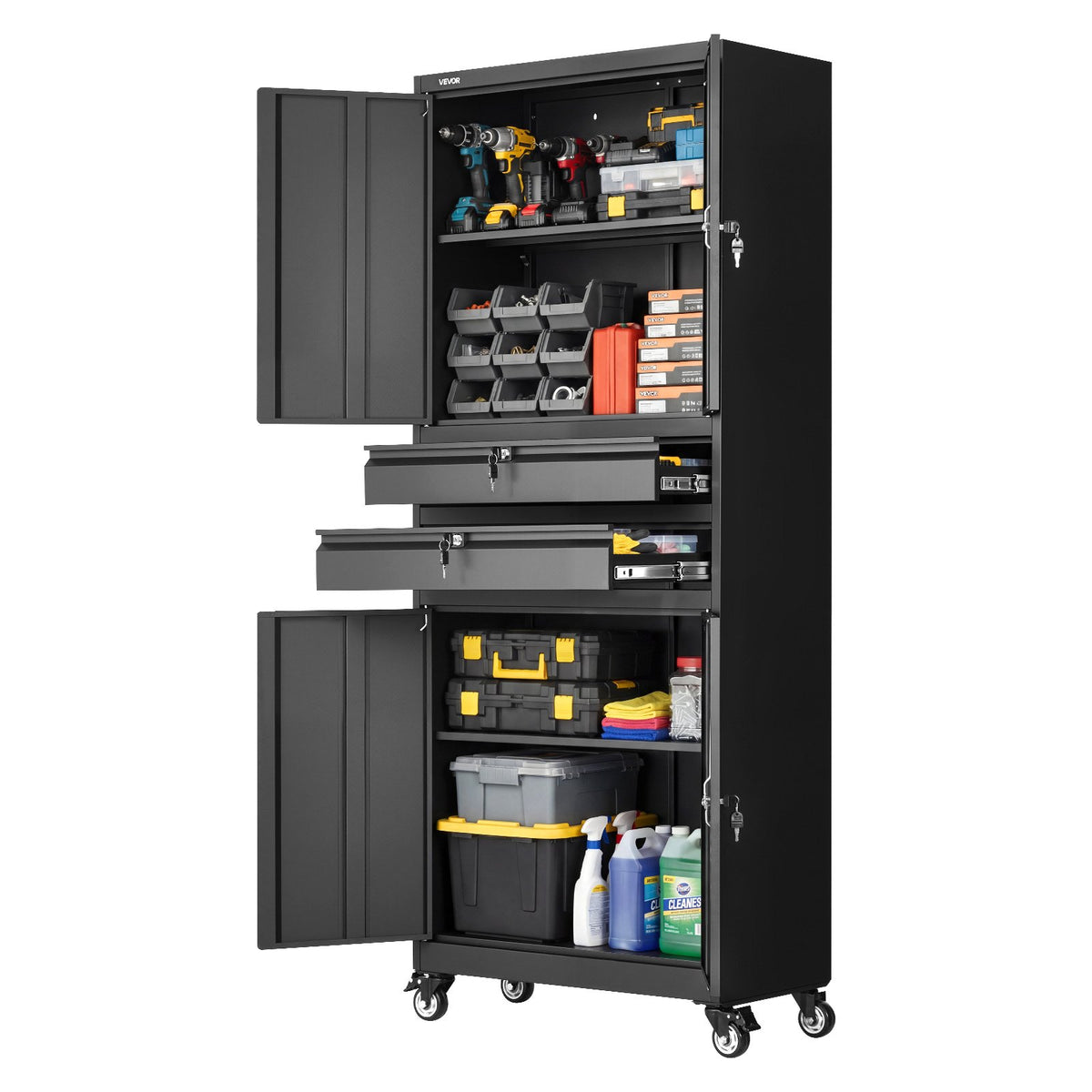 VEVOR Metal Storage Cabinet with Wheels, 180 lbs Shelf Load Capacity, 75" Tall Rolling Garage Tool Storage Cabinet with 4 Locking Doors and Adjustable Shelves, 2 Drawers, for Garage, Office, Home - CKCWJGJDCTYBX5J7E001V0 - view 1