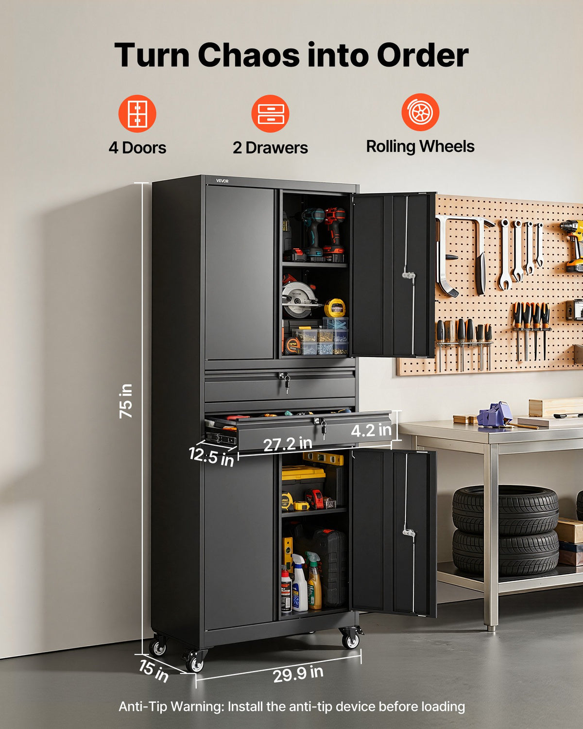 VEVOR Metal Storage Cabinet with Wheels, 180 lbs Shelf Load Capacity, 75" Tall Rolling Garage Tool Storage Cabinet with 4 Locking Doors and Adjustable Shelves, 2 Drawers, for Garage, Office, Home - CKCWJGJDCTYBX5J7E001V0 - view 3