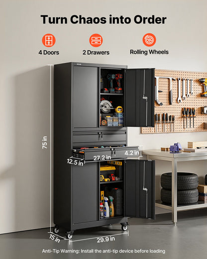 VEVOR Metal Storage Cabinet with Wheels, 180 lbs Shelf Load Capacity, 75" Tall Rolling Garage Tool Storage Cabinet with 4 Locking Doors and Adjustable Shelves, 2 Drawers, for Garage, Office, Home - CKCWJGJDCTYBX5J7E001V0 - view 3