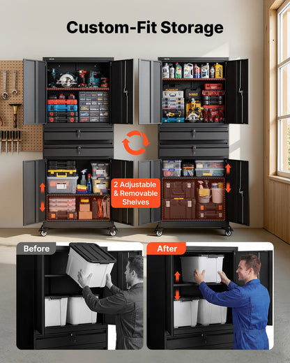 VEVOR Metal Storage Cabinet with Wheels, 180 lbs Shelf Load Capacity, 75" Tall Rolling Garage Tool Storage Cabinet with 4 Locking Doors and Adjustable Shelves, 2 Drawers, for Garage, Office, Home - CKCWJGJDCTYBX5J7E001V0 - view 4