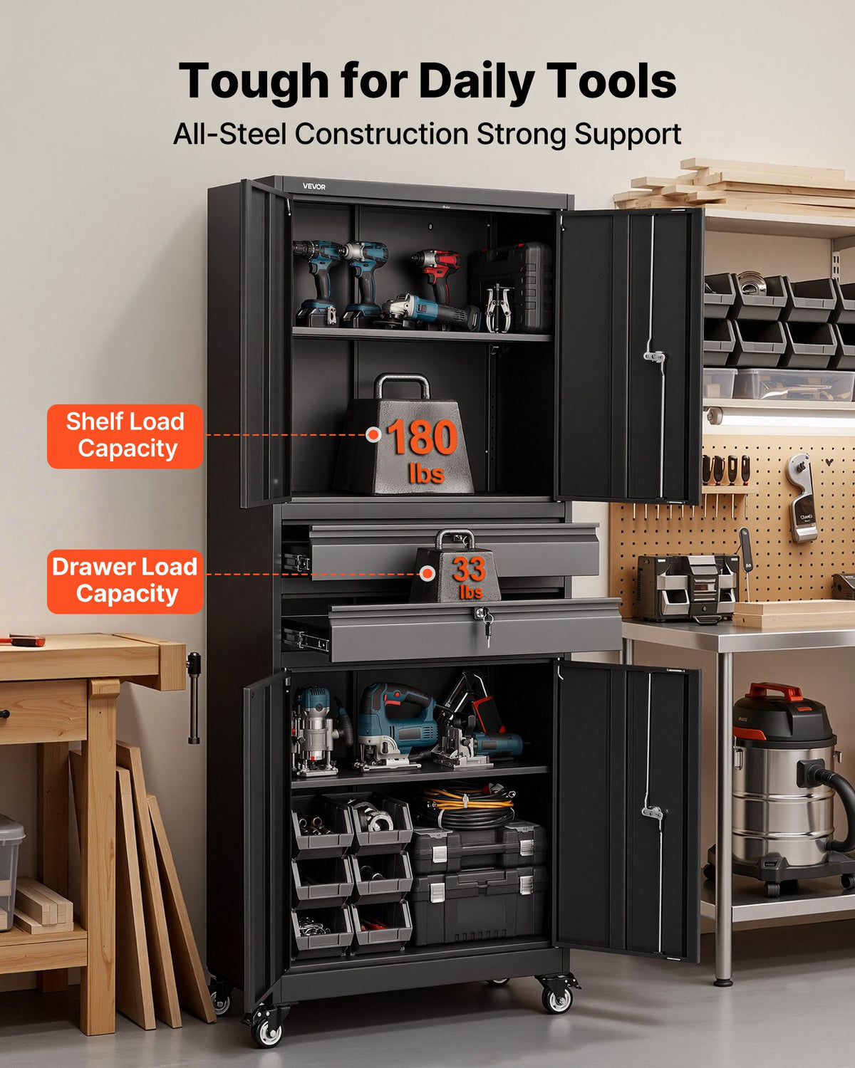 VEVOR Metal Storage Cabinet with Wheels, 180 lbs Shelf Load Capacity, 75" Tall Rolling Garage Tool Storage Cabinet with 4 Locking Doors and Adjustable Shelves, 2 Drawers, for Garage, Office, Home - CKCWJGJDCTYBX5J7E001V0 - view 5