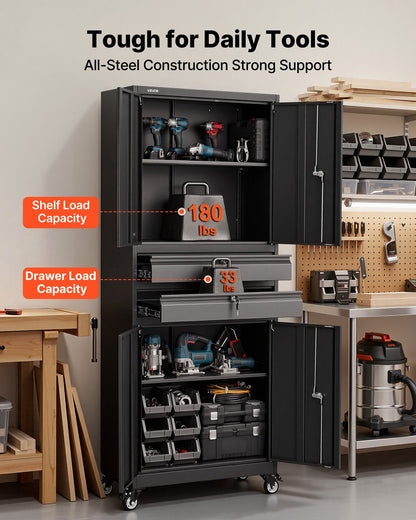 VEVOR Metal Storage Cabinet with Wheels, 180 lbs Shelf Load Capacity, 75" Tall Rolling Garage Tool Storage Cabinet with 4 Locking Doors and Adjustable Shelves, 2 Drawers, for Garage, Office, Home - CKCWJGJDCTYBX5J7E001V0 - view 5