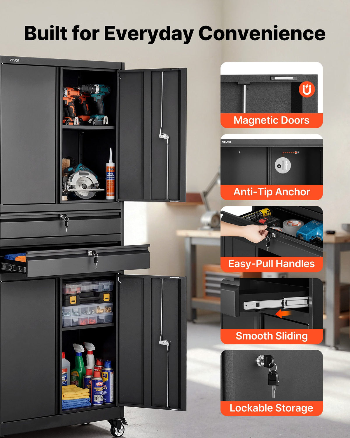 VEVOR Metal Storage Cabinet with Wheels, 180 lbs Shelf Load Capacity, 75" Tall Rolling Garage Tool Storage Cabinet with 4 Locking Doors and Adjustable Shelves, 2 Drawers, for Garage, Office, Home - CKCWJGJDCTYBX5J7E001V0 - view 6