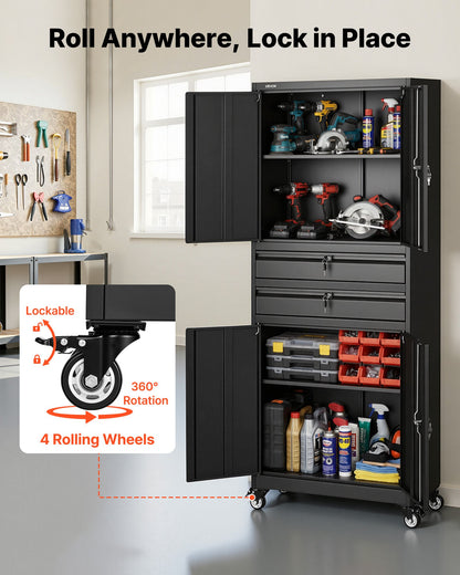 VEVOR Metal Storage Cabinet with Wheels, 180 lbs Shelf Load Capacity, 75" Tall Rolling Garage Tool Storage Cabinet with 4 Locking Doors and Adjustable Shelves, 2 Drawers, for Garage, Office, Home - CKCWJGJDCTYBX5J7E001V0 - view 7