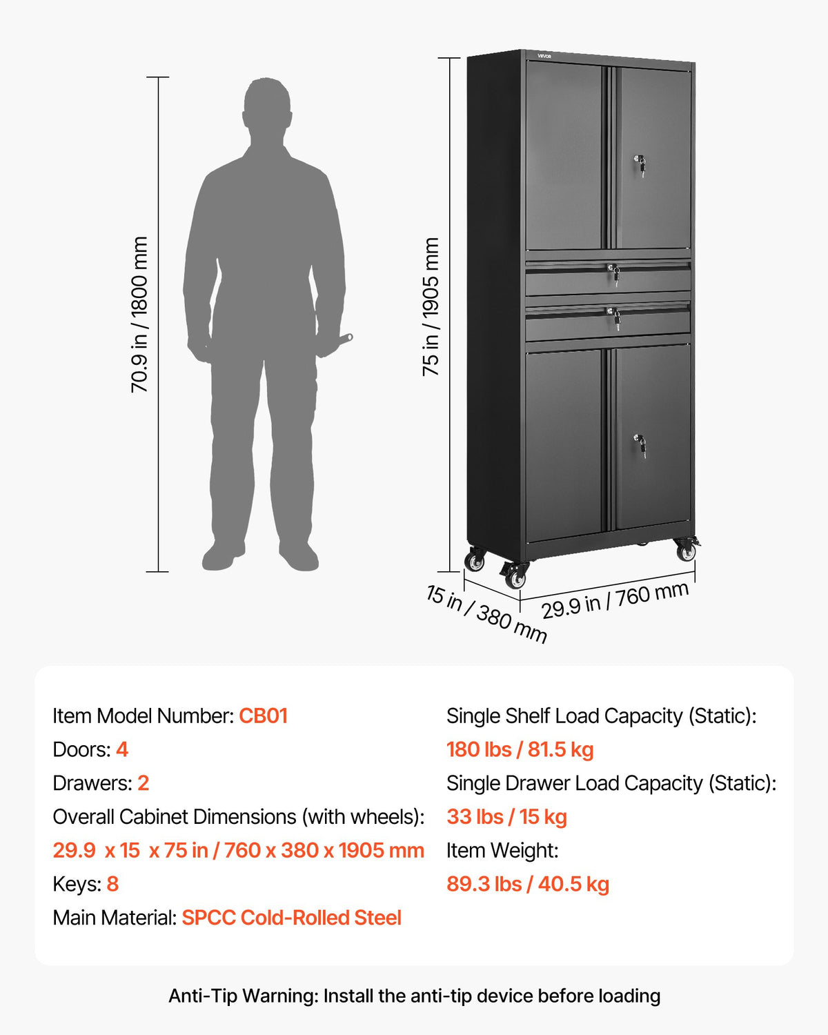 VEVOR Metal Storage Cabinet with Wheels, 180 lbs Shelf Load Capacity, 75" Tall Rolling Garage Tool Storage Cabinet with 4 Locking Doors and Adjustable Shelves, 2 Drawers, for Garage, Office, Home - CKCWJGJDCTYBX5J7E001V0 - view 8