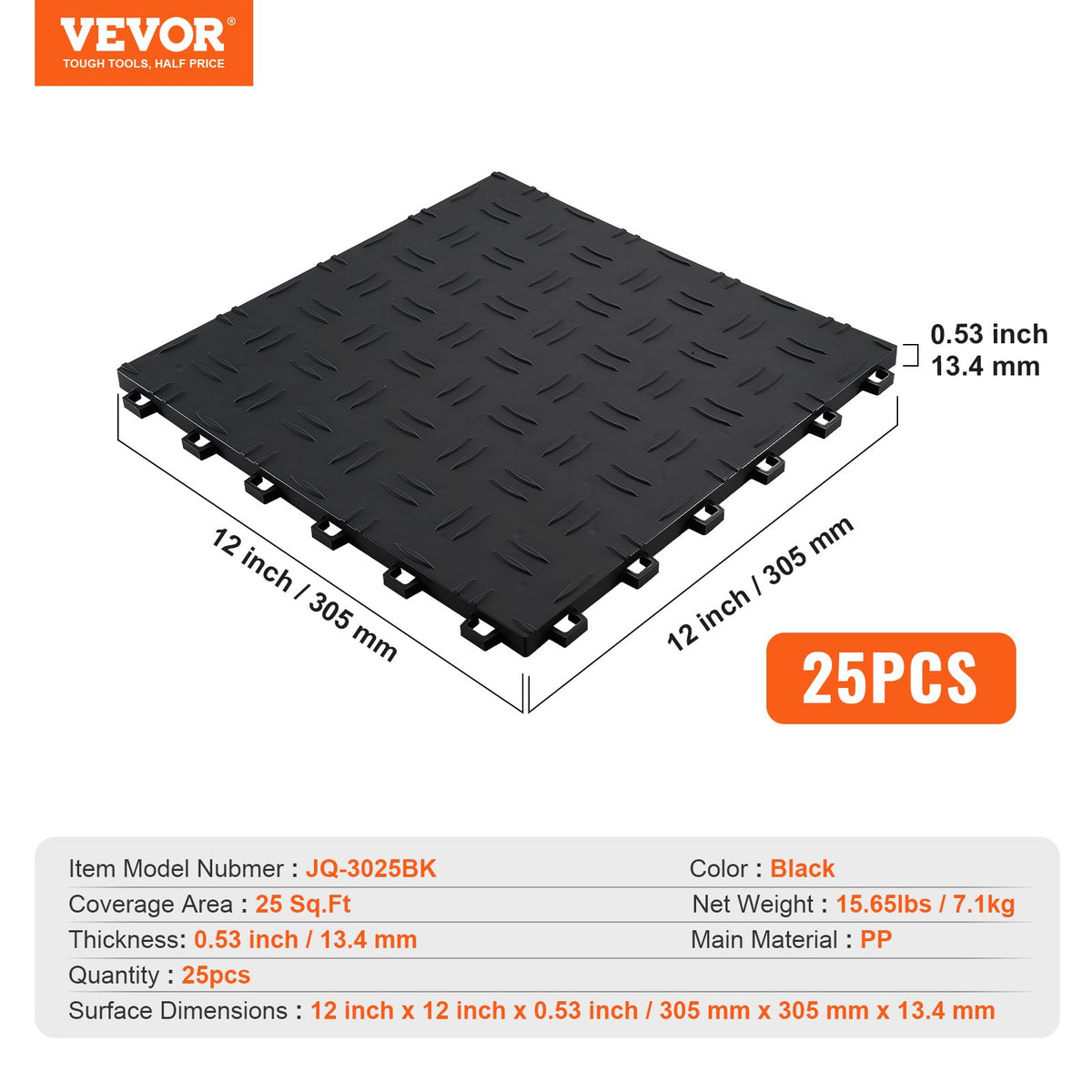 VEVOR Garage Tiles Interlocking, 12 x 12 x 0.53 inch 25 Pack Garage Floor Covering Tiles, Non-Slip Double-Sided Texture Garage Flooring Tiles, for Garages, Basements, Repair Shops, Black - CKDDHSJ251212I91TV0 - view 8