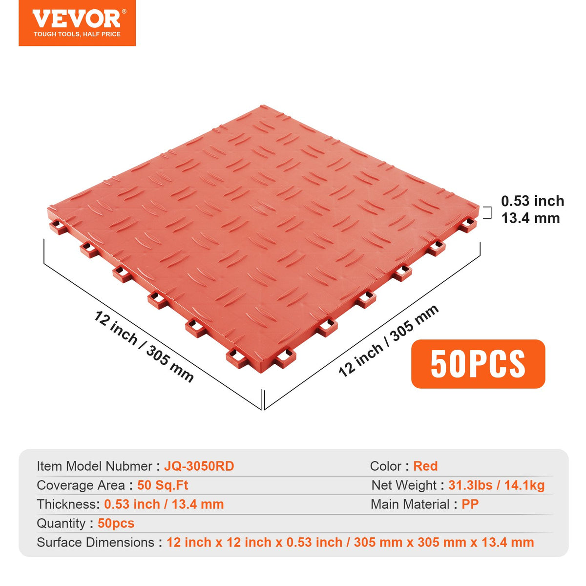 VEVOR Garage Tiles Interlocking, 12 x 12 x 0.53 inch 50 Pack Garage Floor Covering Tiles, Non-Slip Double-Sided Texture Garage Flooring Tiles, for Garages, Basements, Repair Shops, Red - CKDDHSJ501212FZ13V0 - view 8