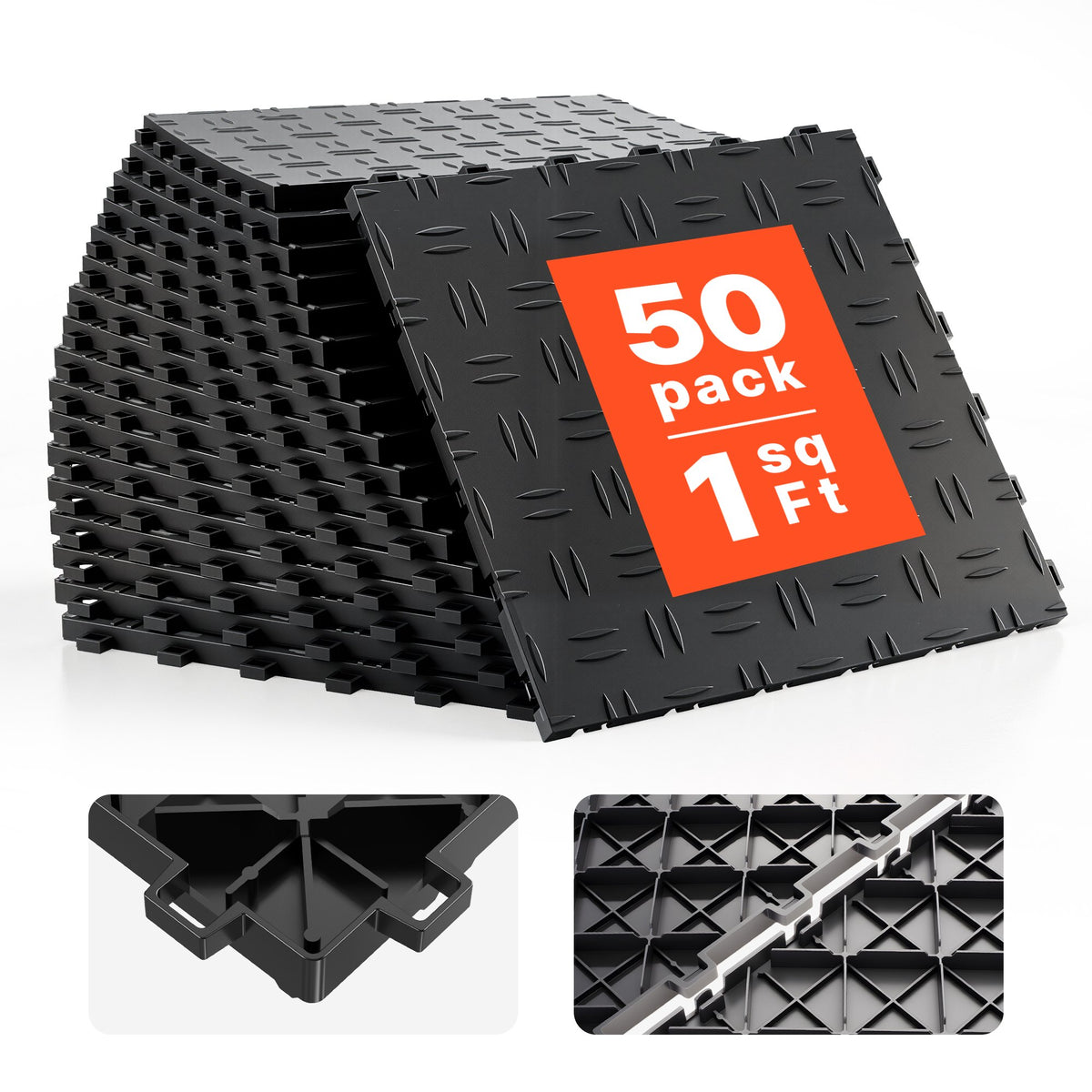 VEVOR Garage Tiles Interlocking, 12 x 12 x 0.53 inch 50 Pack Garage Floor Covering Tiles, Non-Slip Double-Sided Texture Garage Flooring Tiles, for Garages, Basements, Repair Shops, Black - CKDDHSJ501212XQF0V0 - view 1