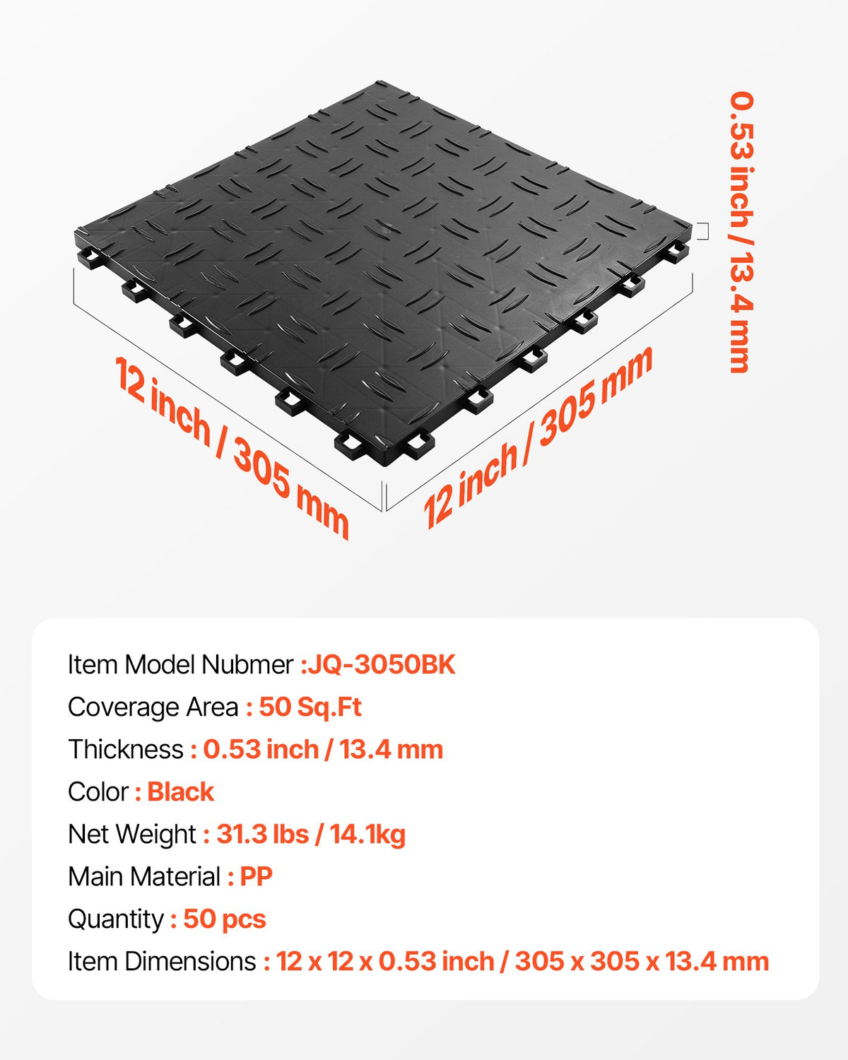 VEVOR Garage Tiles Interlocking, 12 x 12 x 0.53 inch 50 Pack Garage Floor Covering Tiles, Non-Slip Double-Sided Texture Garage Flooring Tiles, for Garages, Basements, Repair Shops, Black - CKDDHSJ501212XQF0V0 - view 8