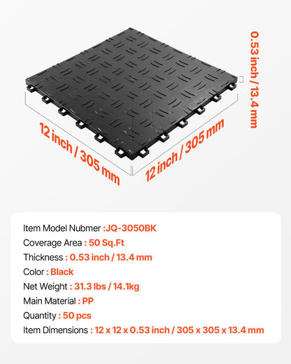 VEVOR Garage Tiles Interlocking, 12 x 12 x 0.53 inch 50 Pack Garage Floor Covering Tiles, Non-Slip Double-Sided Texture Garage Flooring Tiles, for Garages, Basements, Repair Shops, Black - CKDDHSJ501212XQF0V0 - view 8