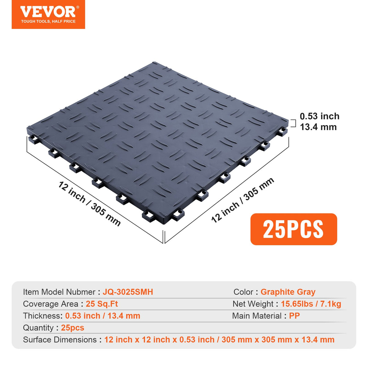 VEVOR Garage Tiles Interlocking, 12 x 12 x 0.53 inch 25 Pack Garage Floor Covering Tiles, Non-Slip Double-Sided Texture Garage Flooring Tiles, for Garages, Basements, Repair Shops, Graphite Gray - CKDDSMH251212F3N8V0 - view 8