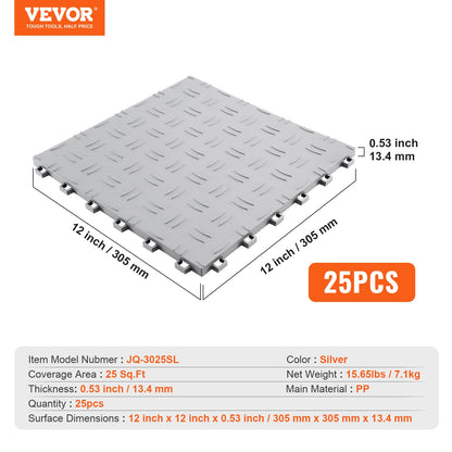 VEVOR Garage Tiles Interlocking, 12 x 12 x 0.53 inch 25 Pack Garage Floor Covering Tiles, Non-Slip Double-Sided Texture Garage Flooring Tiles, for Garages, Basements, Repair Shops, Silver - CKDDYSJ2512128VEAV0 - view 8