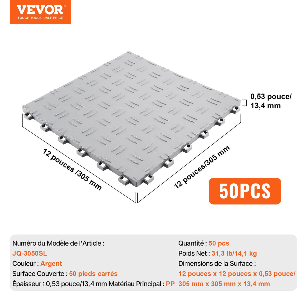 VEVOR Garage Tiles Interlocking, 12 x 12 x 0.53 inch 50 Pack Garage Floor Covering Tiles, Non-Slip Double-Sided Texture Garage Flooring Tiles, for Garages, Basements, Repair Shops, Silver - CKDDYSJ501212KFBGV0 - view 8