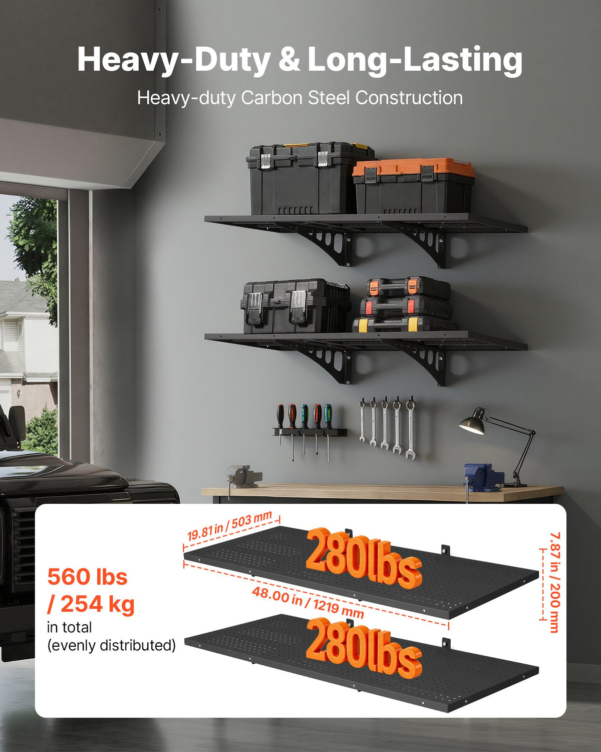 VEVOR 2-Tier Heavy Duty Wall Garage Shelving, 1.64 x 4 ft Steel Wall Mounted Shelving Unit, 19.68 x 48 Inch Per Shelf Floating Storage Metal Rack for Garage with 560 lbs Total Weight Capacity, Black - CKGBDDBJ2JDGSJ6CQ001V0 - view 3