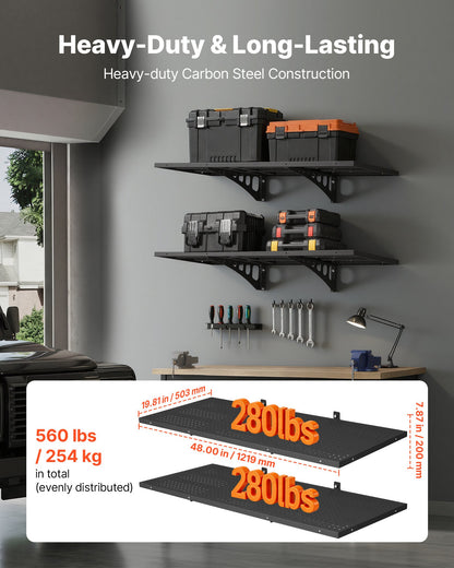 VEVOR 2-Tier Heavy Duty Wall Garage Shelving, 1.64 x 4 ft Steel Wall Mounted Shelving Unit, 19.68 x 48 Inch Per Shelf Floating Storage Metal Rack for Garage with 560 lbs Total Weight Capacity, Black - CKGBDDBJ2JDGSJ6CQ001V0 - view 3