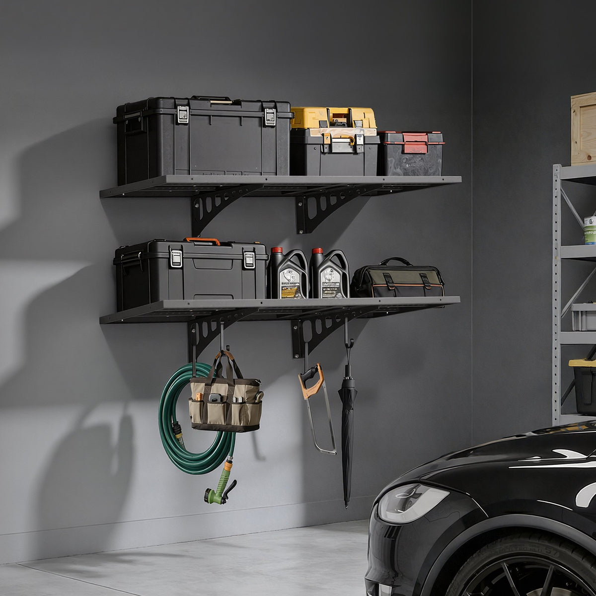 VEVOR 2-Tier Heavy Duty Wall Garage Shelving, 1.64 x 4 ft Steel Wall Mounted Shelving Unit, 19.68 x 48 Inch Per Shelf Floating Storage Metal Rack for Garage with 560 lbs Total Weight Capacity, Black - CKGBDDBJ2JDGSJ6CQ001V0 - view 9