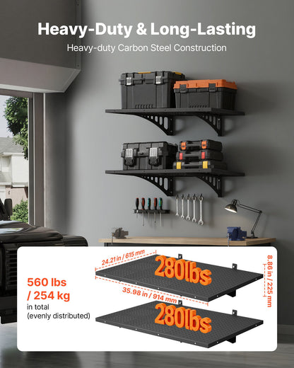 VEVOR 2-Tier Heavy Duty Wall Garage Shelving, 2 x 3 ft Steel Wall Mounted Shelving Unit, 12 x 72 Inch Per Shelf Floating Storage Metal Rack for Garage with 560 lbs Total Weight Capacity, Black - CKGBDDBJDGJF4X35T001V0 - view 3