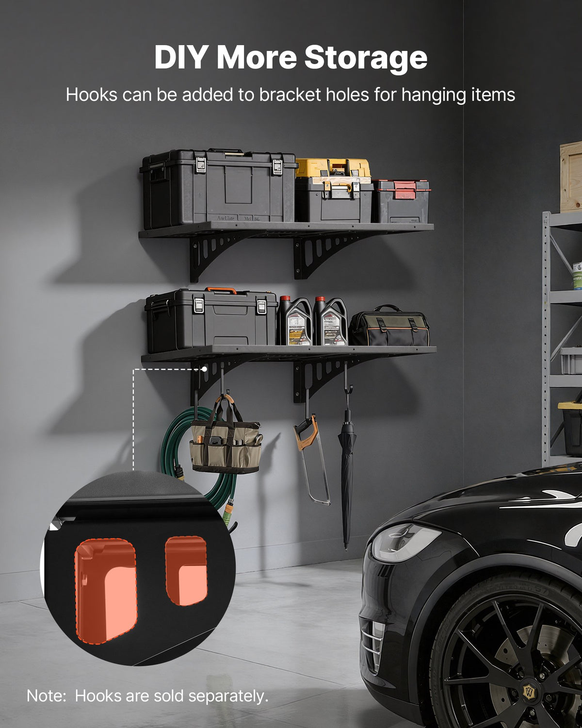 VEVOR 2-Tier Heavy Duty Wall Garage Shelving, 2 x 3 ft Steel Wall Mounted Shelving Unit, 12 x 72 Inch Per Shelf Floating Storage Metal Rack for Garage with 560 lbs Total Weight Capacity, Black - CKGBDDBJDGJF4X35T001V0 - view 7