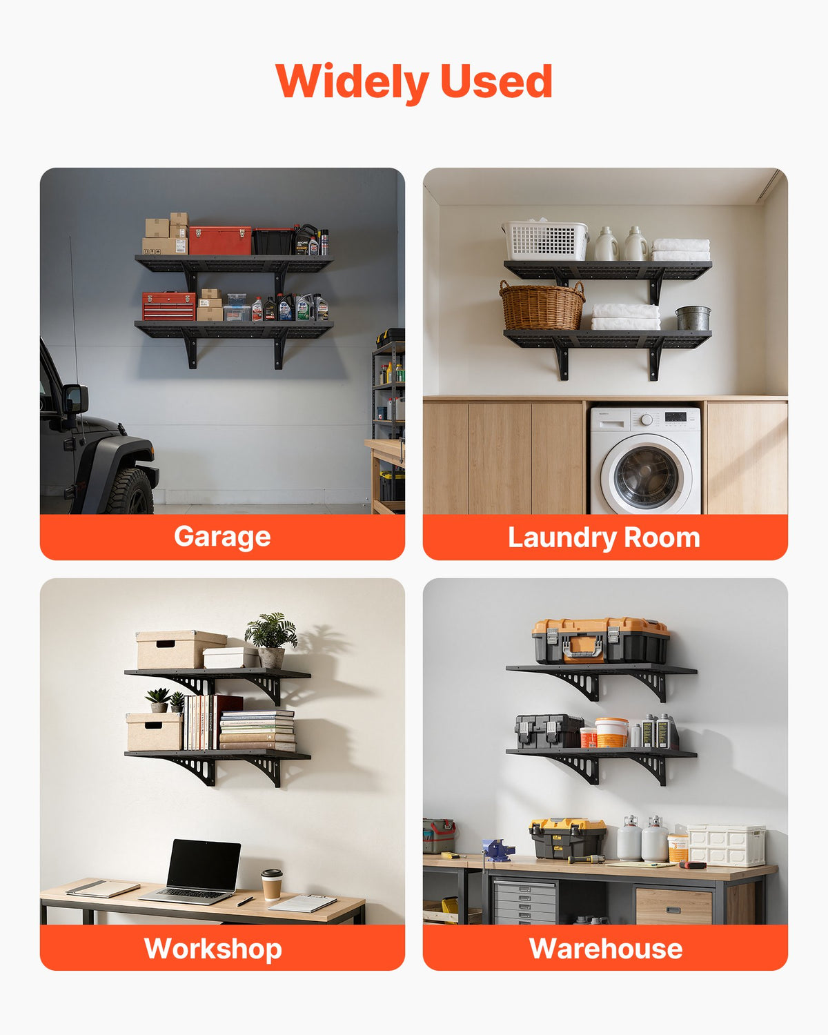 VEVOR 2-Tier Heavy Duty Wall Garage Shelving, 2 x 3 ft Steel Wall Mounted Shelving Unit, 12 x 72 Inch Per Shelf Floating Storage Metal Rack for Garage with 560 lbs Total Weight Capacity, Black - CKGBDDBJDGJF4X35T001V0 - view 8