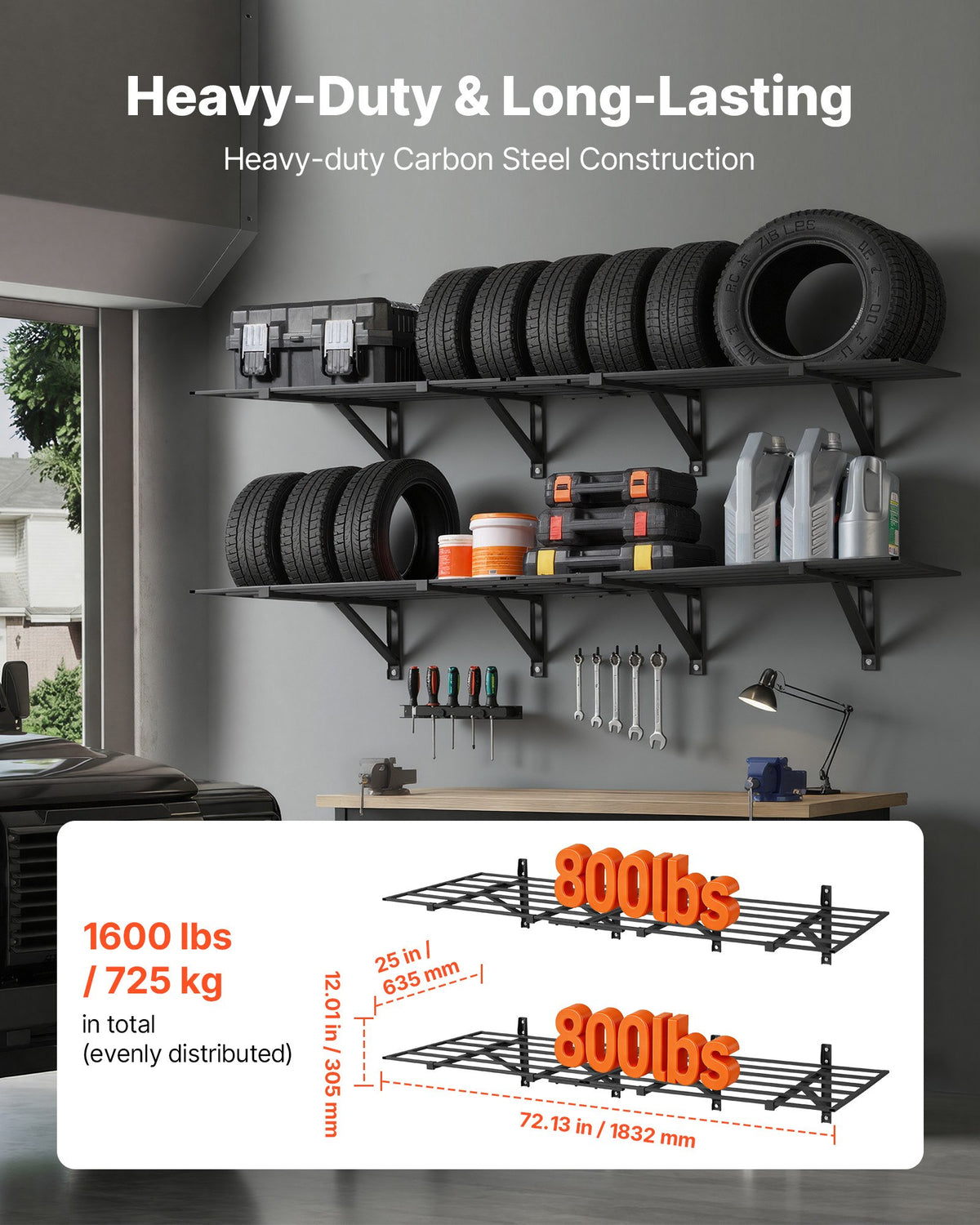 VEVOR 2-Tier Heavy Duty Wall Garage Shelving, 4 Pack 2 x 3 ft Steel Wall Mounted Shelving Unit, 24 x 72 Inch Per Shelf Floating Storage Metal Rack for Garage, 1600 lbs Total Weight Capacity, Black - CKGBGGJ2472IEDKJS001V0 - view 3