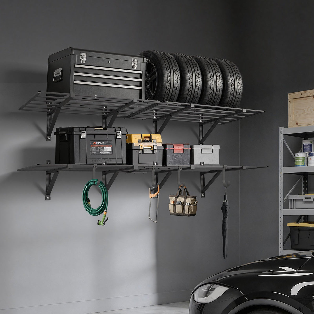VEVOR 2-Tier Heavy Duty Wall Garage Shelving, 4 Pack 2 x 3 ft Steel Wall Mounted Shelving Unit, 24 x 72 Inch Per Shelf Floating Storage Metal Rack for Garage, 1600 lbs Total Weight Capacity, Black - CKGBGGJ2472IEDKJS001V0 - view 9