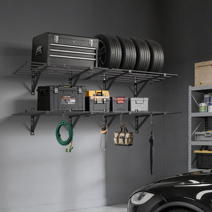 VEVOR 2-Tier Heavy Duty Wall Garage Shelving, 4 Pack 2 x 3 ft Steel Wall Mounted Shelving Unit, 24 x 72 Inch Per Shelf Floating Storage Metal Rack for Garage, 1600 lbs Total Weight Capacity, Black - CKGBGGJ2472IEDKJS001V0 - view 9