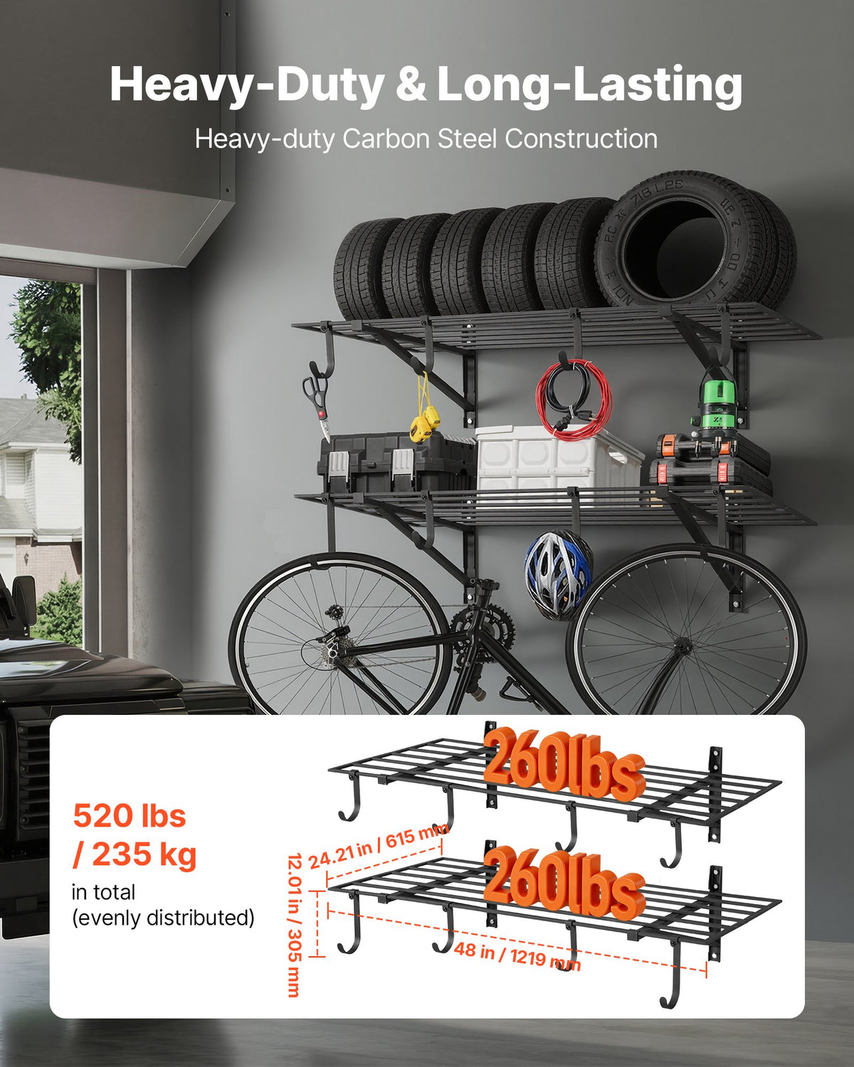 VEVOR 2-Tier Heavy Duty Wall Garage Shelving, 2 x 4 ft Steel Wall Mounted Shelving Unit with Hooks, 24 x 48 Inch Per Shelf Floating Storage Metal Rack for Garage, 520 lbs Total Weight Capacity, Black - CKGBGGJDGJFTG37HU001V0 - view 3