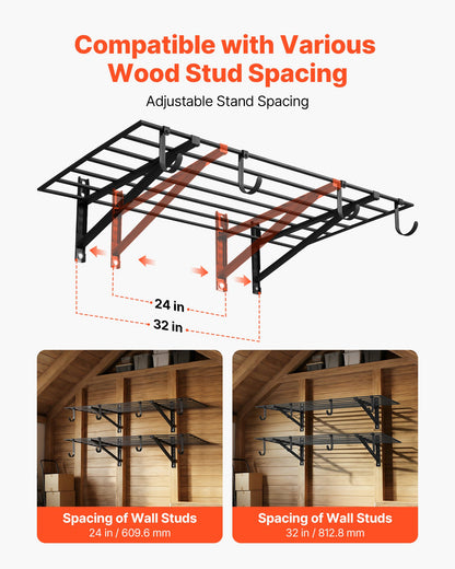 VEVOR 2-Tier Heavy Duty Wall Garage Shelving, 2 x 4 ft Steel Wall Mounted Shelving Unit with Hooks, 24 x 48 Inch Per Shelf Floating Storage Metal Rack for Garage, 520 lbs Total Weight Capacity, Black - CKGBGGJDGJFTG37HU001V0 - view 4