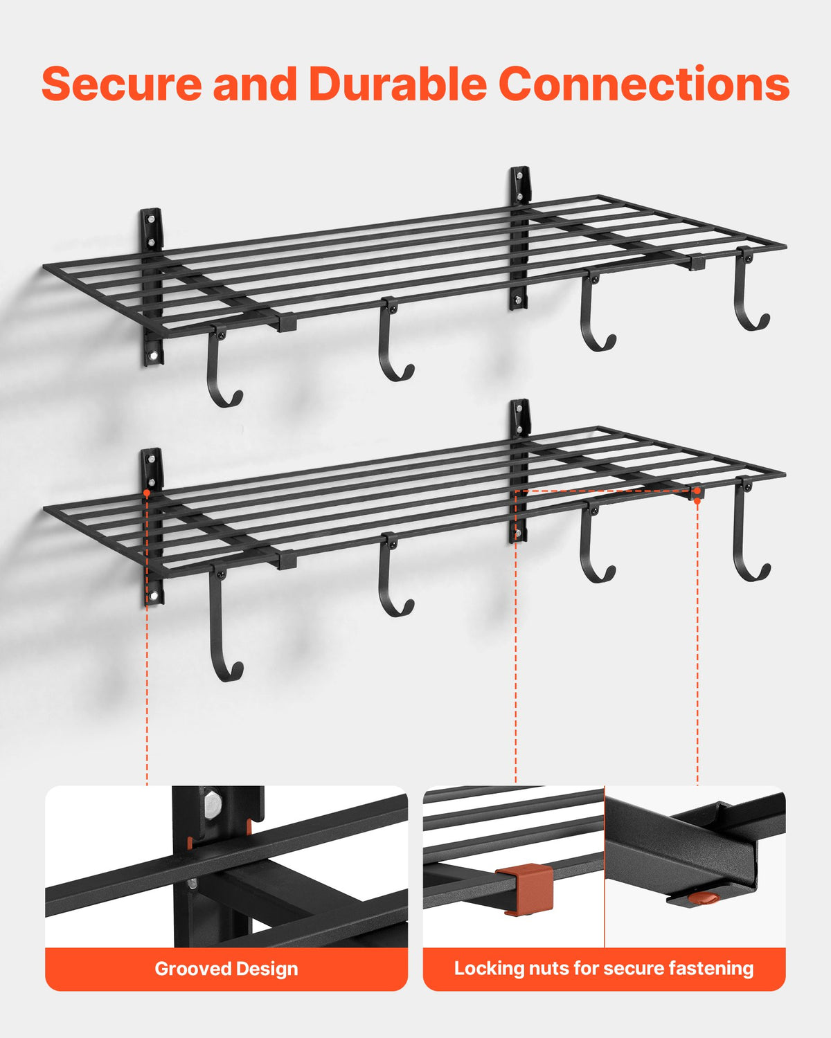 VEVOR 2-Tier Heavy Duty Wall Garage Shelving, 2 x 4 ft Steel Wall Mounted Shelving Unit with Hooks, 24 x 48 Inch Per Shelf Floating Storage Metal Rack for Garage, 520 lbs Total Weight Capacity, Black - CKGBGGJDGJFTG37HU001V0 - view 5