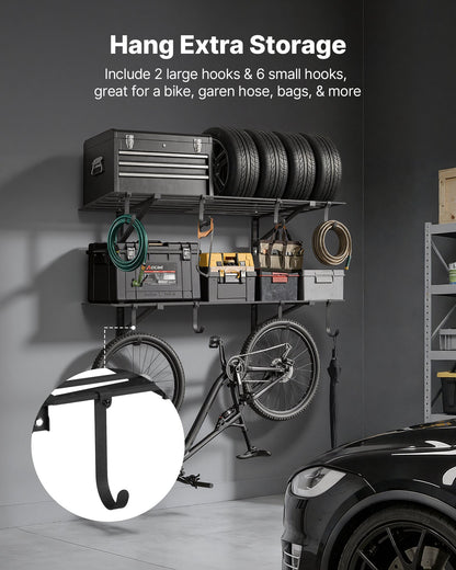 VEVOR 2-Tier Heavy Duty Wall Garage Shelving, 2 x 4 ft Steel Wall Mounted Shelving Unit with Hooks, 24 x 48 Inch Per Shelf Floating Storage Metal Rack for Garage, 520 lbs Total Weight Capacity, Black - CKGBGGJDGJFTG37HU001V0 - view 7