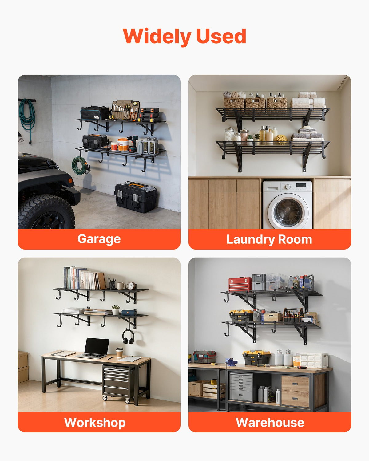 VEVOR 2-Tier Heavy Duty Wall Garage Shelving, 2 x 4 ft Steel Wall Mounted Shelving Unit with Hooks, 24 x 48 Inch Per Shelf Floating Storage Metal Rack for Garage, 520 lbs Total Weight Capacity, Black - CKGBGGJDGJFTG37HU001V0 - view 8