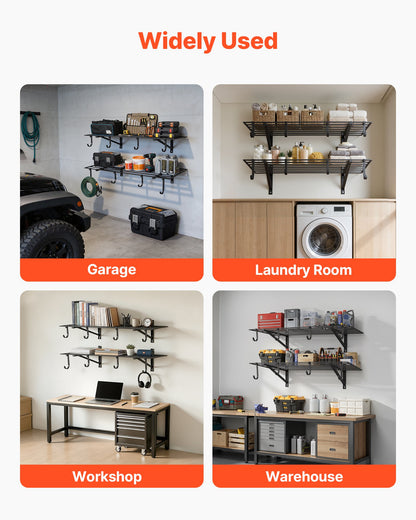 VEVOR 2-Tier Heavy Duty Wall Garage Shelving, 2 x 4 ft Steel Wall Mounted Shelving Unit with Hooks, 24 x 48 Inch Per Shelf Floating Storage Metal Rack for Garage, 520 lbs Total Weight Capacity, Black - CKGBGGJDGJFTG37HU001V0 - view 8