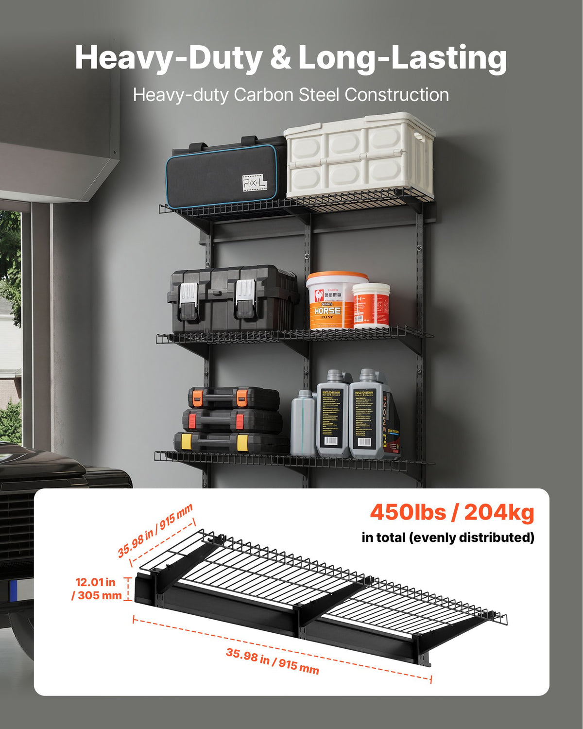VEVOR 3-Tier Heavy Duty Wall Garage Shelving, 0.9 x 3 ft Steel Wall Mounted Shelving Unit, 11 x 36 Inch Per Shelf Floating Storage Metal Rack for Garage with 450 lbs Total Weight Capacity, Black - CKGBGSWGJ123E7HT0001V0 - view 3