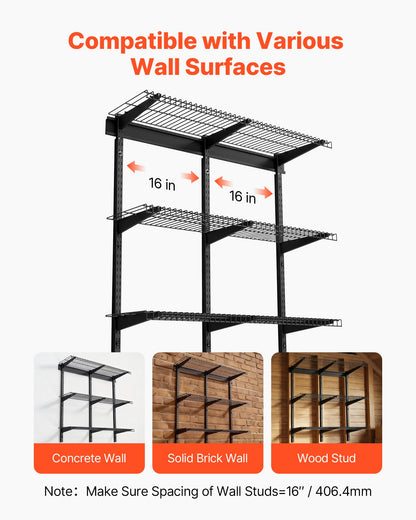 VEVOR 3-Tier Heavy Duty Wall Garage Shelving, 0.9 x 3 ft Steel Wall Mounted Shelving Unit, 11 x 36 Inch Per Shelf Floating Storage Metal Rack for Garage with 450 lbs Total Weight Capacity, Black - CKGBGSWGJ123E7HT0001V0 - view 4