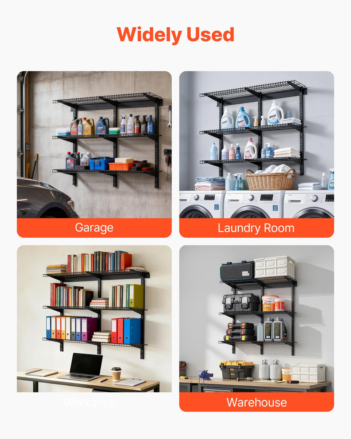 VEVOR 3-Tier Heavy Duty Wall Garage Shelving, 0.9 x 3 ft Steel Wall Mounted Shelving Unit, 11 x 36 Inch Per Shelf Floating Storage Metal Rack for Garage with 450 lbs Total Weight Capacity, Black - CKGBGSWGJ123E7HT0001V0 - view 7