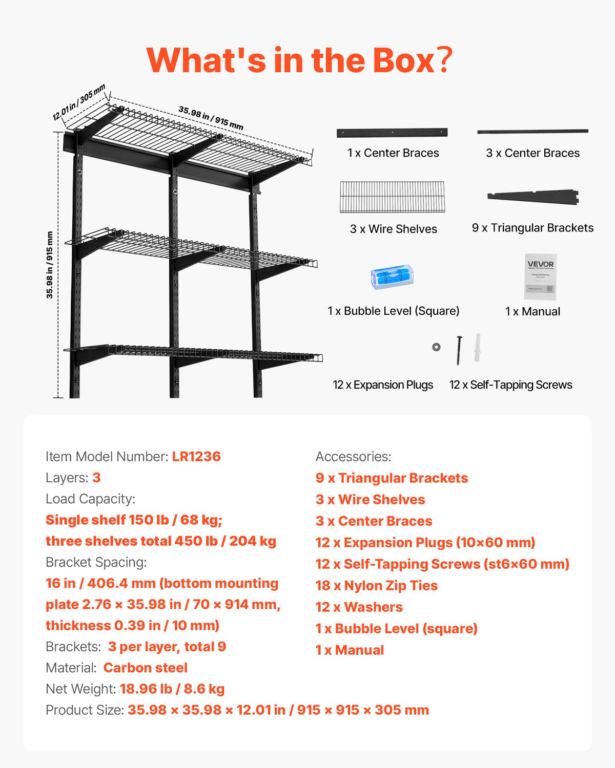 VEVOR 3-Tier Heavy Duty Wall Garage Shelving, 0.9 x 3 ft Steel Wall Mounted Shelving Unit, 11 x 36 Inch Per Shelf Floating Storage Metal Rack for Garage with 450 lbs Total Weight Capacity, Black - CKGBGSWGJ123E7HT0001V0 - view 8
