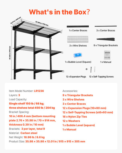 VEVOR 3-Tier Heavy Duty Wall Garage Shelving, 0.9 x 3 ft Steel Wall Mounted Shelving Unit, 11 x 36 Inch Per Shelf Floating Storage Metal Rack for Garage with 450 lbs Total Weight Capacity, Black - CKGBGSWGJ123E7HT0001V0 - view 8