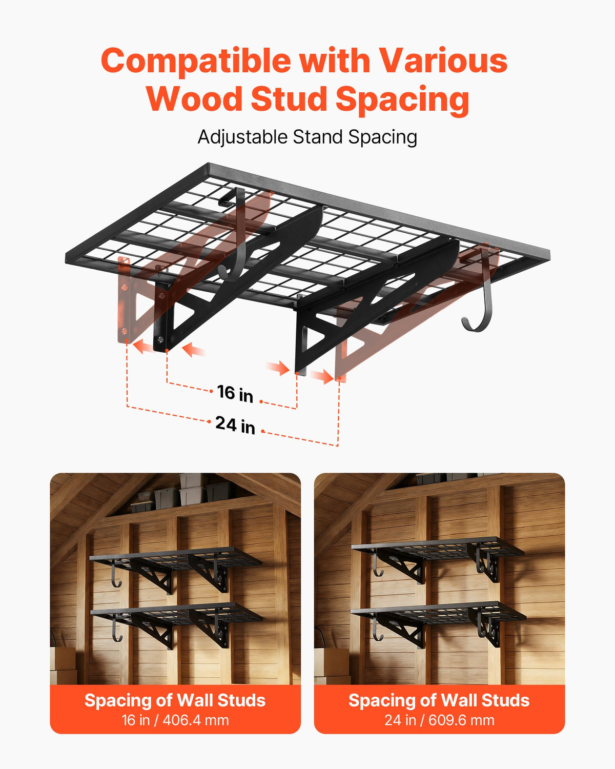 VEVOR 2-Tier Heavy Duty Wall Garage Shelving, 2 x 3 ft Steel Wall Mounted Shelving Unit with Hooks, 24 x 36 Inch Per Shelf Floating Storage Metal Rack for Garage, 500 lbs Total Weight Capacity, Black - CKGBGSWGJ2434WRWA001V0 - view 4