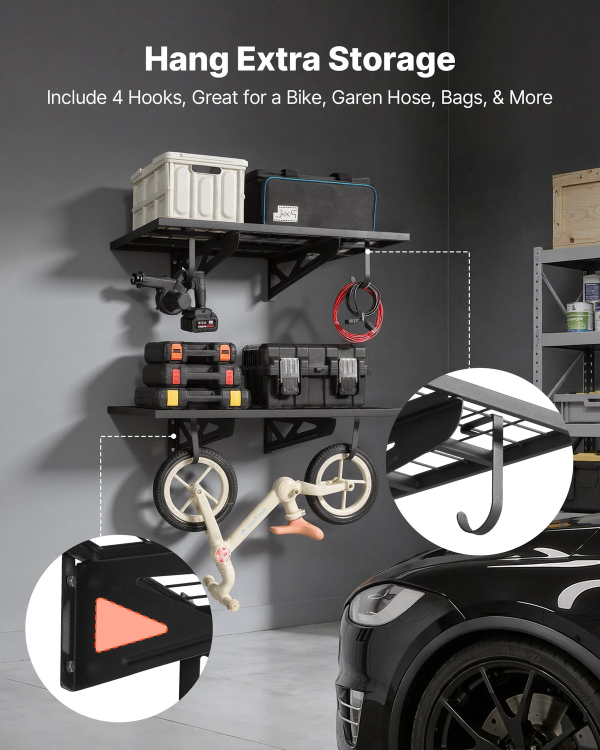 VEVOR 2-Tier Heavy Duty Wall Garage Shelving, 2 x 3 ft Steel Wall Mounted Shelving Unit with Hooks, 24 x 36 Inch Per Shelf Floating Storage Metal Rack for Garage, 500 lbs Total Weight Capacity, Black - CKGBGSWGJ2434WRWA001V0 - view 7