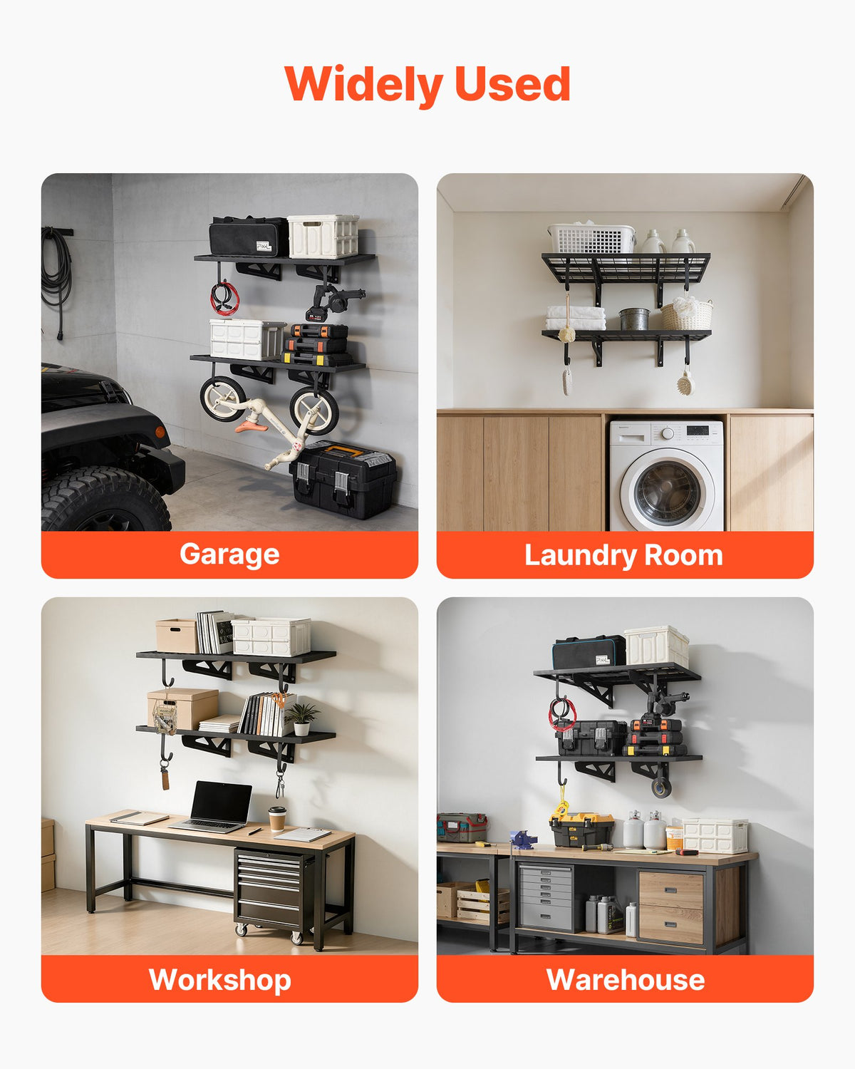 VEVOR 2-Tier Heavy Duty Wall Garage Shelving, 2 x 3 ft Steel Wall Mounted Shelving Unit with Hooks, 24 x 36 Inch Per Shelf Floating Storage Metal Rack for Garage, 500 lbs Total Weight Capacity, Black - CKGBGSWGJ2434WRWA001V0 - view 8