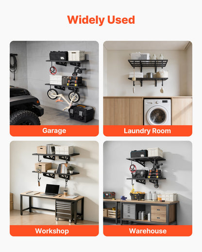 VEVOR 2-Tier Heavy Duty Wall Garage Shelving, 2 x 3 ft Steel Wall Mounted Shelving Unit with Hooks, 24 x 36 Inch Per Shelf Floating Storage Metal Rack for Garage, 500 lbs Total Weight Capacity, Black - CKGBGSWGJ2434WRWA001V0 - view 8