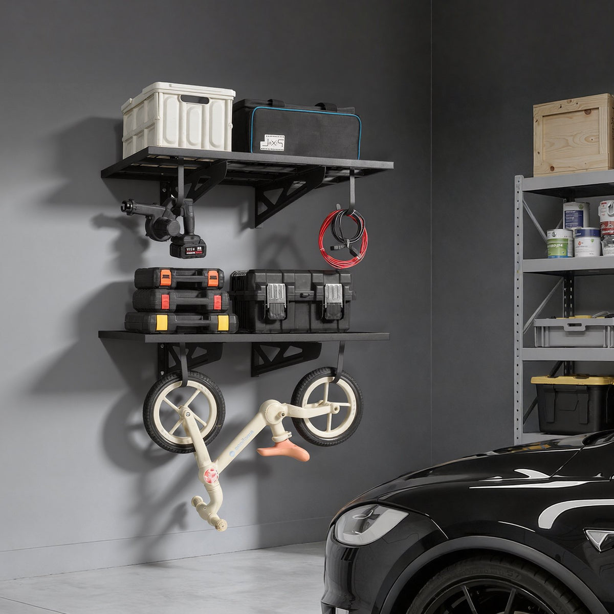 VEVOR 2-Tier Heavy Duty Wall Garage Shelving, 2 x 3 ft Steel Wall Mounted Shelving Unit with Hooks, 24 x 36 Inch Per Shelf Floating Storage Metal Rack for Garage, 500 lbs Total Weight Capacity, Black - CKGBGSWGJ2434WRWA001V0 - view 9