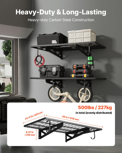 VEVOR 2-Tier Heavy Duty Wall Garage Shelving, 2 x 4 ft Steel Wall Mounted Shelving Unit with Hooks, 24 x 48 Inch Per Shelf Floating Storage Metal Rack for Garage, 500 lbs Total Weight Capacity, Black - CKGBGSWGJ244PAIE8001V0 - view 3
