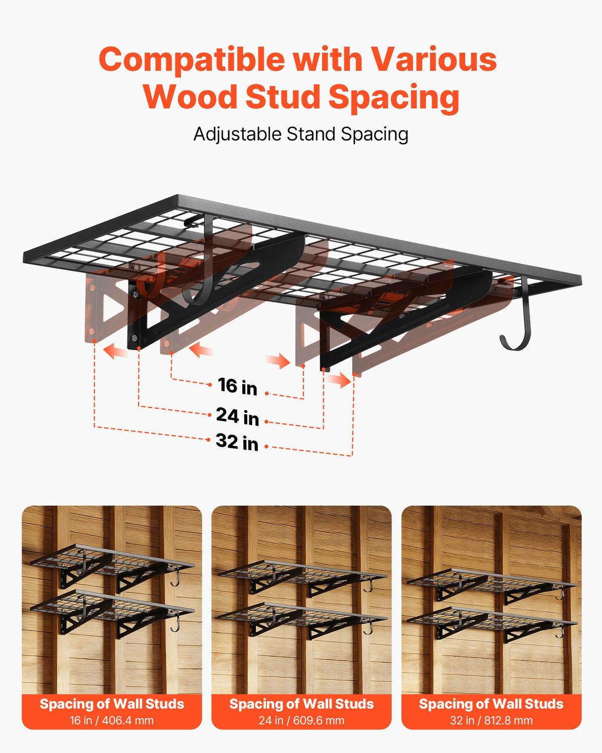 VEVOR 2-Tier Heavy Duty Wall Garage Shelving, 2 x 4 ft Steel Wall Mounted Shelving Unit with Hooks, 24 x 48 Inch Per Shelf Floating Storage Metal Rack for Garage, 500 lbs Total Weight Capacity, Black - CKGBGSWGJ244PAIE8001V0 - view 4