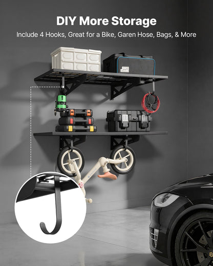 VEVOR 2-Tier Heavy Duty Wall Garage Shelving, 2 x 4 ft Steel Wall Mounted Shelving Unit with Hooks, 24 x 48 Inch Per Shelf Floating Storage Metal Rack for Garage, 500 lbs Total Weight Capacity, Black - CKGBGSWGJ244PAIE8001V0 - view 7