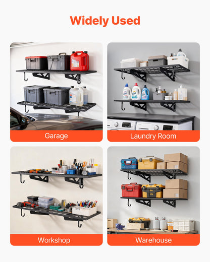 VEVOR 2-Tier Heavy Duty Wall Garage Shelving, 2 x 4 ft Steel Wall Mounted Shelving Unit with Hooks, 24 x 48 Inch Per Shelf Floating Storage Metal Rack for Garage, 500 lbs Total Weight Capacity, Black - CKGBGSWGJ244PAIE8001V0 - view 8